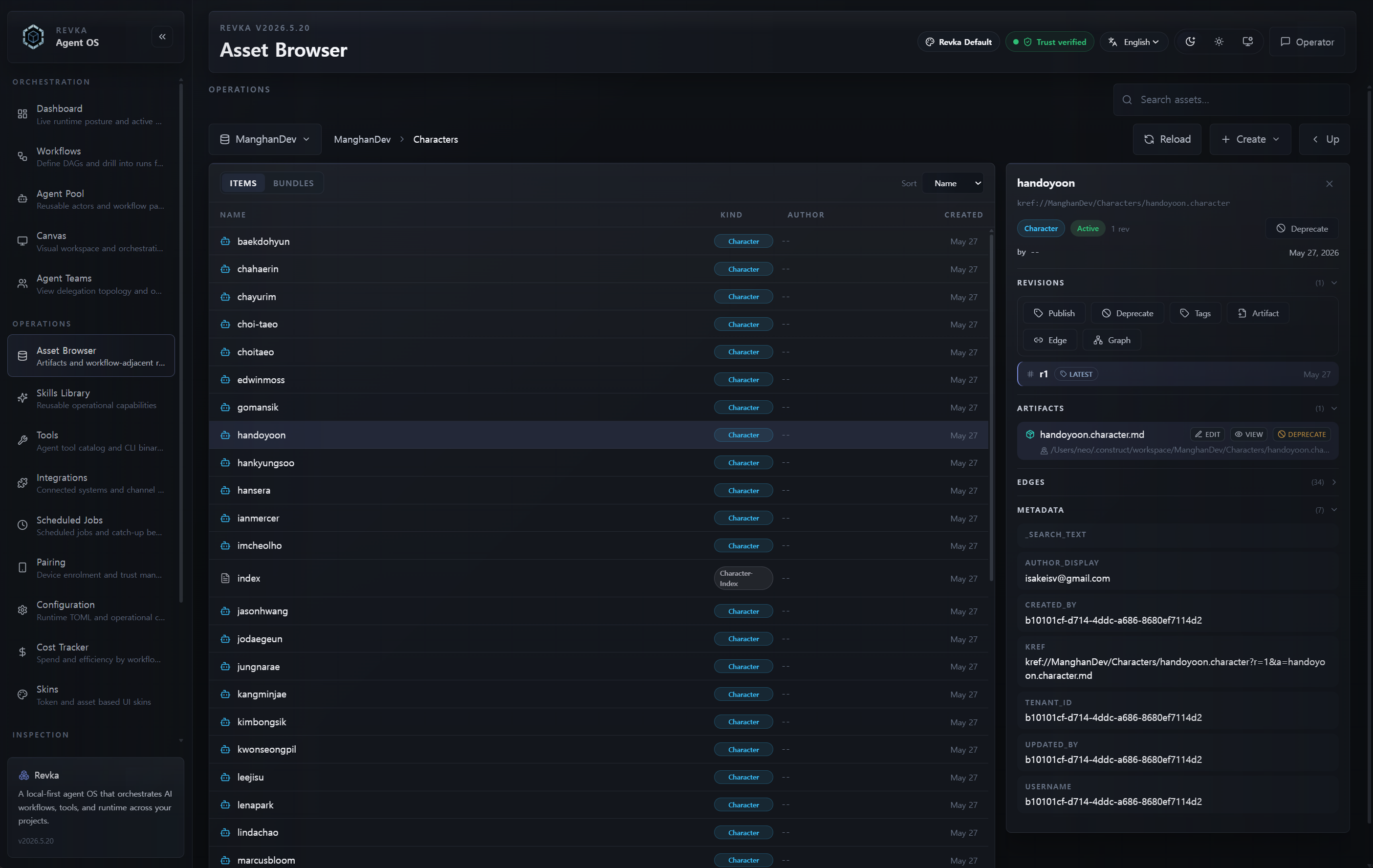 Revka Asset Browser showing generated files, transaction hashes, and metadata controls for artifact versioning.