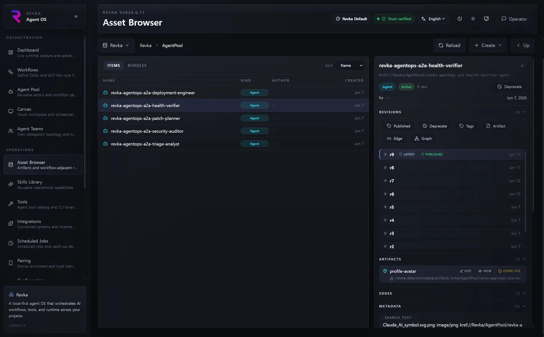 Revka Asset Browser showing generated files, transaction hashes, and metadata controls for artifact versioning.