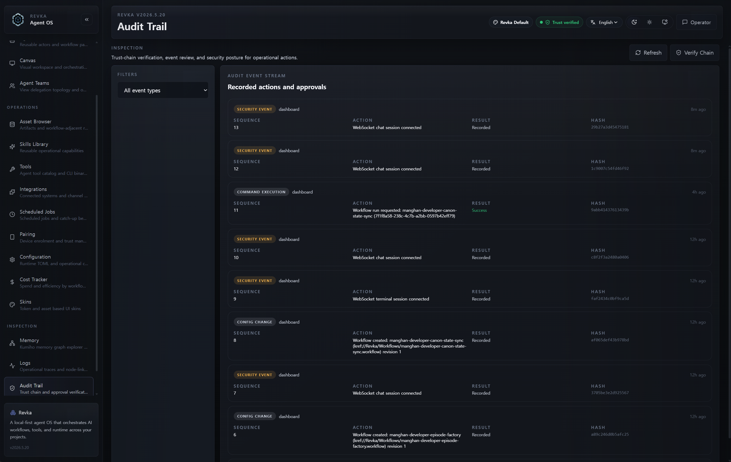 Audit logs showing Merkle tree verification status, block hashes, signature validations, and JSONL activity trails.
