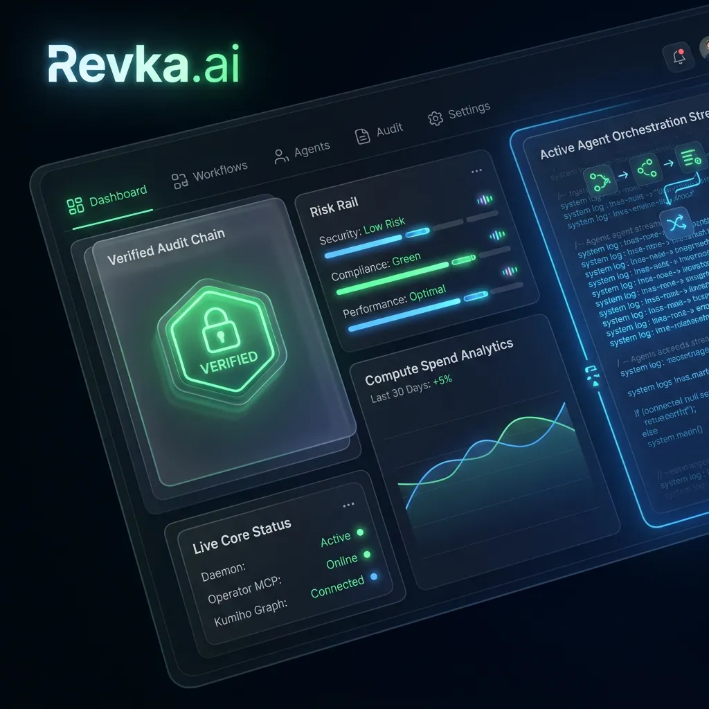Revka dashboard showing a verified audit chain, risk rail, spend, component health, and live orchestration state.