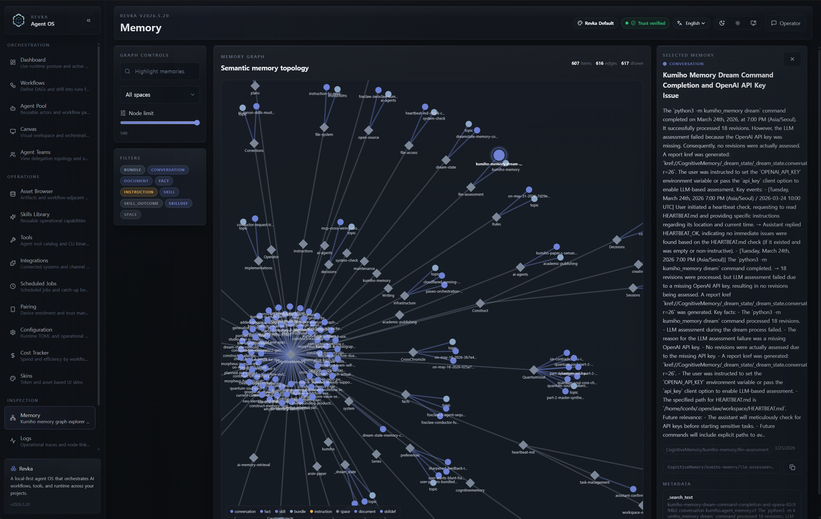 Graph memory visualization showing node entities, factual properties, relational edges, and revision-level provenance tracking.