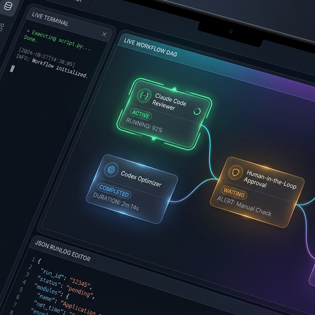 Real-time execution DAG with running node indicators, standard output logs, and human-in-the-loop approvals.